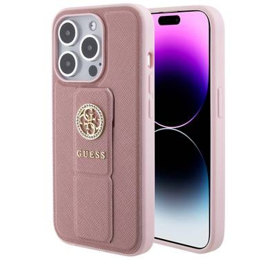 Guess Gripstand Saffiano Case with 4G Strass Metal Logo - Pink - iPhone 15 Pro