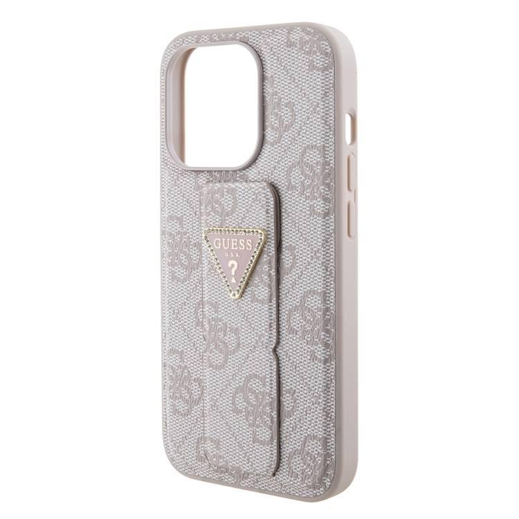 Guess Gripstand PU Leather Case with 4G Triangle Strass Pattern - Pink - iPhone 15 Pro