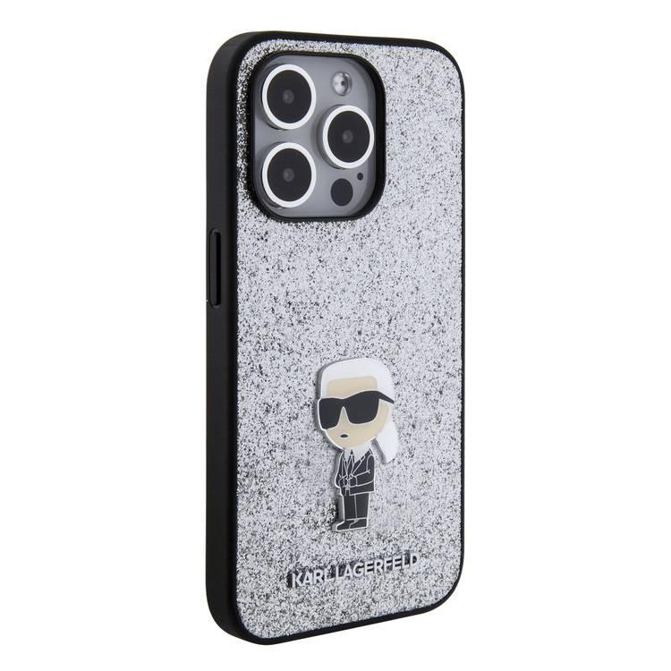 Karl Lagerfeld Fixed Glitter Case with Ikonik Logo Metal Pin - Silver - iPhone 15 Pro