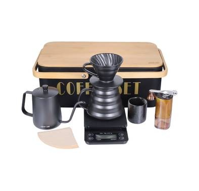 Green Lion G-70 600ml Black 8 in 1 Coffee Maker Set Metal Box with Wood Handle - Black
