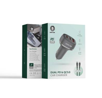 Green Lion Car Charger QC+PD+PD 50W with TC-lPH Data Cable 1M - Black