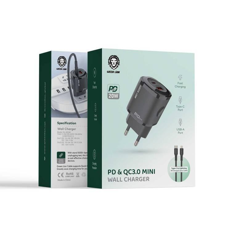 Green Lion 20W PD & QC Mini Dual Port Wall Charger +TC-IPH Data Cable EU - Black