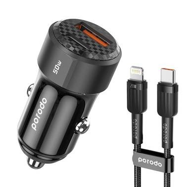 Porodo Black 50W Dual Port Car Charger PD 20W QC 30W with USB-C to Lightning Cable