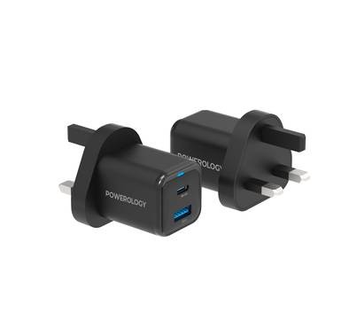 Powerology Black 35W PD QC 1xUSB-C 35W and 1xUSB-A 18W GaN Charger UK with USB-C Cable 