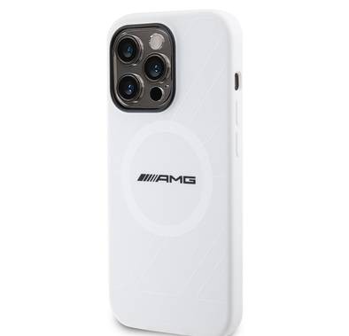 حافظة AMG من السيليكون باللون الأبيض Magsafe بنمط معين كبير لسلسلة iPhone 15 - iPhone 15 Pro