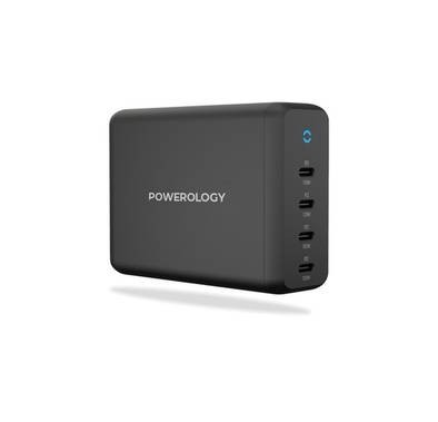 Powerology 165W GaN Desktop Charger with 4X PD Port UK AC Cable PD 100W - Black