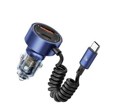 Porodo 60W Transparent Dual Port Car Charger PD 30W QC 18W with Type-C Coil Cable - Blue