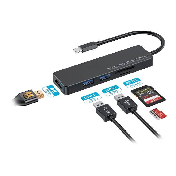 Porodo Blue 5 in 1 USB-C Hub HDMI USB SD MicroSD 4K 5Gbps - Black