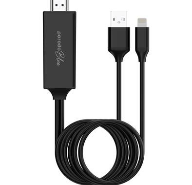 Porodo Blue Lightning to HDMI Ultra HD with USB A Cable 2M 4K - Black