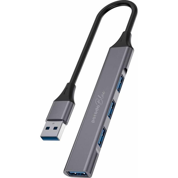Porodo Blue 4 in1 USB-A Hub to 1 x USB-A 3.0 5Gbps and 3 x USB-A 2.0 480Mbps - Black