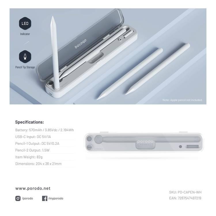 Porodo Charging & Storage for Pencil 1/2 570mAh - White