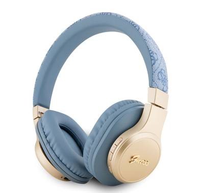 سماعة رأس بلوتوث من Guess، جلد 4G، مع شعار معدني نصي - أزرق - فوق الأذن