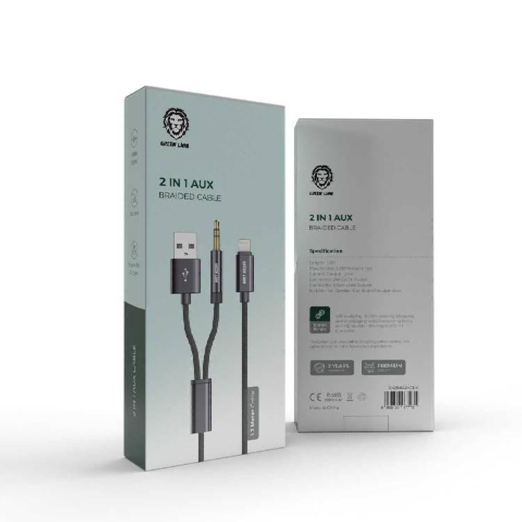 Green Lion 2 In 1 AUX Braided Cable (1.2m) - Black