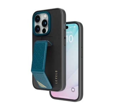 Levelo iPhone 15 Pro For Morphix Leather Case With Kickstand Grip   - Black/Blue