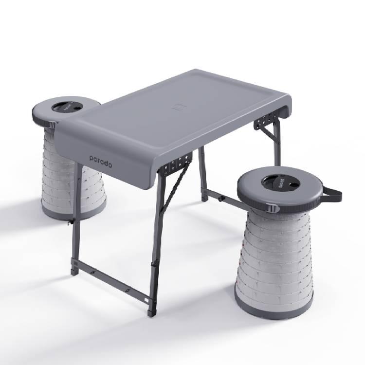 Porodo Camping Foldable Desk and LED (White/Yellow) Stool Set - Grey