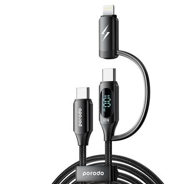 Porodo 2-IN-1 Charging Cable with Digital Display, Fast Charging C to C and Lightning - Black - 1.2M