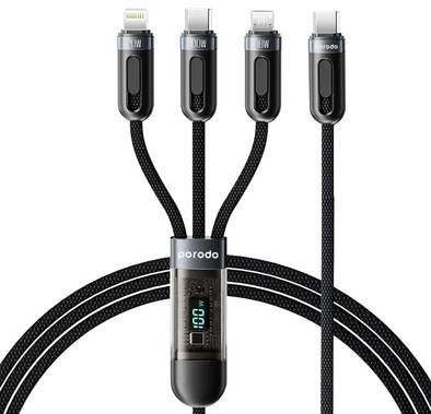 Porodo Multi-Connector Cable with Digital Display and Type-C, Lightning, and Micro USB Connectors - Black - 1.2M