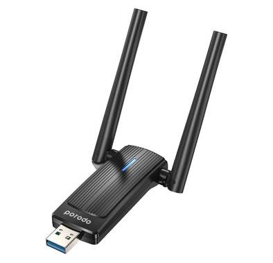 Porodo Dual Band WiFi 6 USB Adapter with Additional USB A to Type- C Adaptor and External Antenna - Black