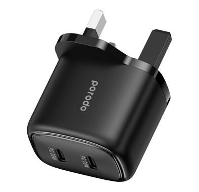 Porodo Dual Port USB-C Wall Charger Charge Two Devices Simultaneously - Black