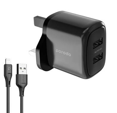 Porodo 12W Double USB 2.4A Charger UK with A-Lightning 1.2M Cable - Black