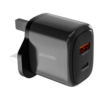 Porodo 20W+QC USB A+C Charger UK with C-Lightning 1.2M Cable  - Black