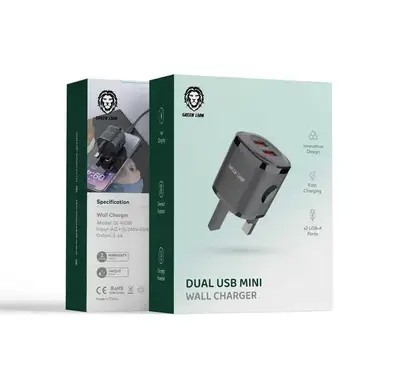 Green Lion 2 USB 2.4A Fast Charging Wall Charger + USB Microdata Cable - Black