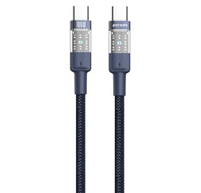 Porodo Fast Charging Cable with USB-C to USB-C Connector, PD100W, and Transparent Head  - Blue - 1.2M