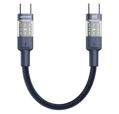 Porodo Fast Charging Cable with Braided PD60W USB-C to USB-C Connector and Transparent Head  - Blue - 35cm