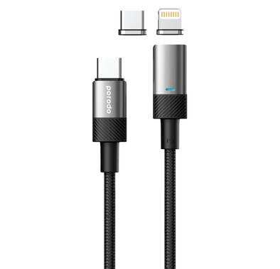 Porodo Fast Charging Cable with PD100W USB-C to USB-C and Lightning Magnetic Head Connectors  - Black - 1.2M