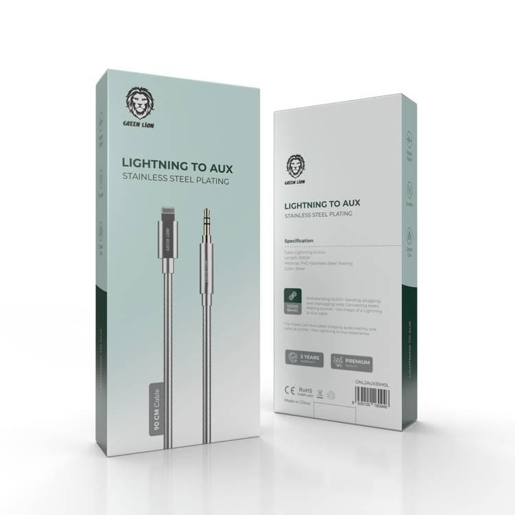 Green Lion Lightning To AUX Cable with Stainless Steel Plating - Silver