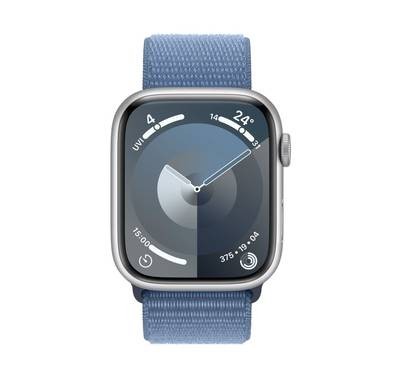 ساعة ابل سيريز 9 [جي بي اس 41 ملم] مع هيكل من الألومنيوم الفضي وحزام رياضي باللون الأزرق الشتوي