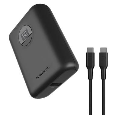Powerology 10000mAh Power Bank with PD Charging, Ultra Compact Design, Dual Output, and USB-C to USB-C 1m Cable - Black - 10000 mAh
