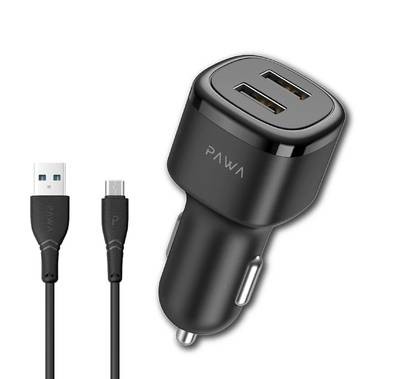 Pawa Solid Car Charger Dual USB Port 2.4A with Micro Cable - Black