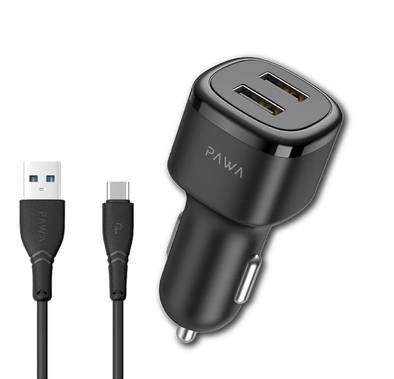 Pawa Solid Car Charger Dual USB Port 2.4A with Type-C Cable - Black