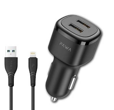 Pawa Solid Car Charger Dual USB Port 2.4A with Lightning Cable - Black