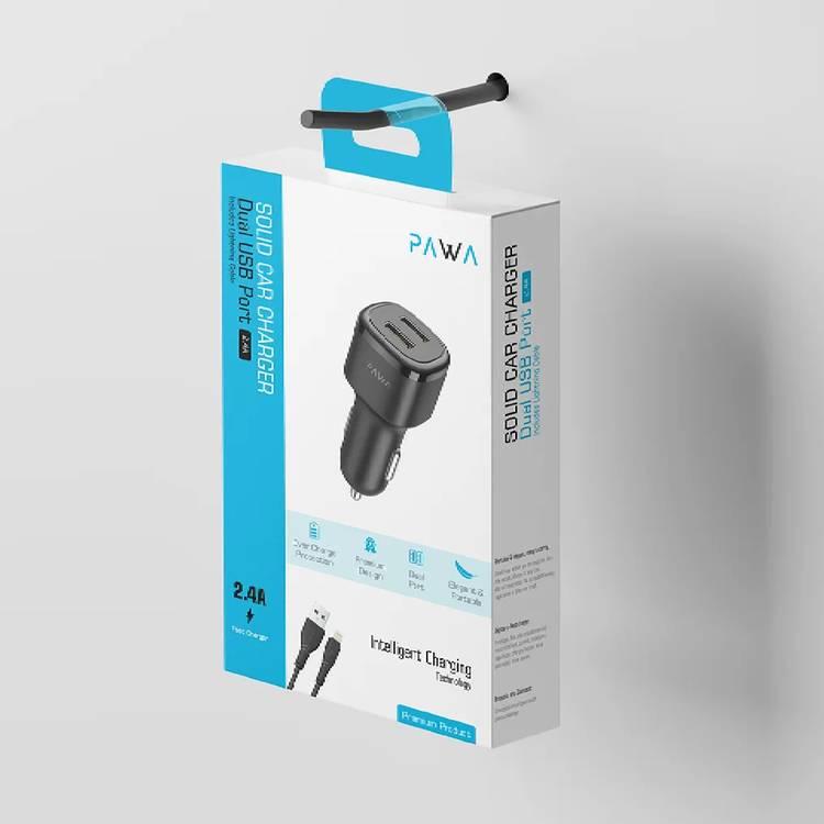 Pawa Solid Car Charger Dual USB Port 2.4A with Lightning Cable - Black