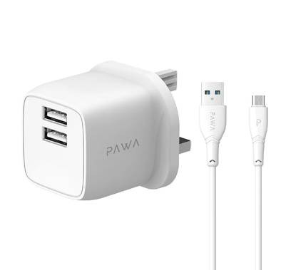 PAWA PocketMini Dual USB Travel Charger UK Standard With USB-A to Micro Cable - White