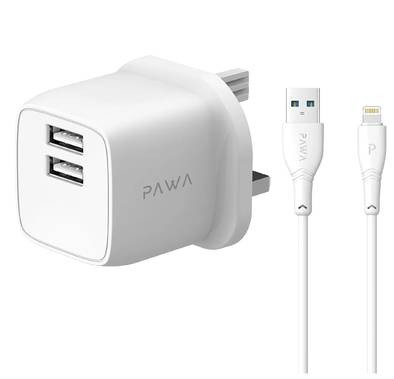 شاحن سفر PAWA PocketMini ثنائي USB بمعيار المملكة المتحدة من USB-A إلى كابل Lightning - أبيض