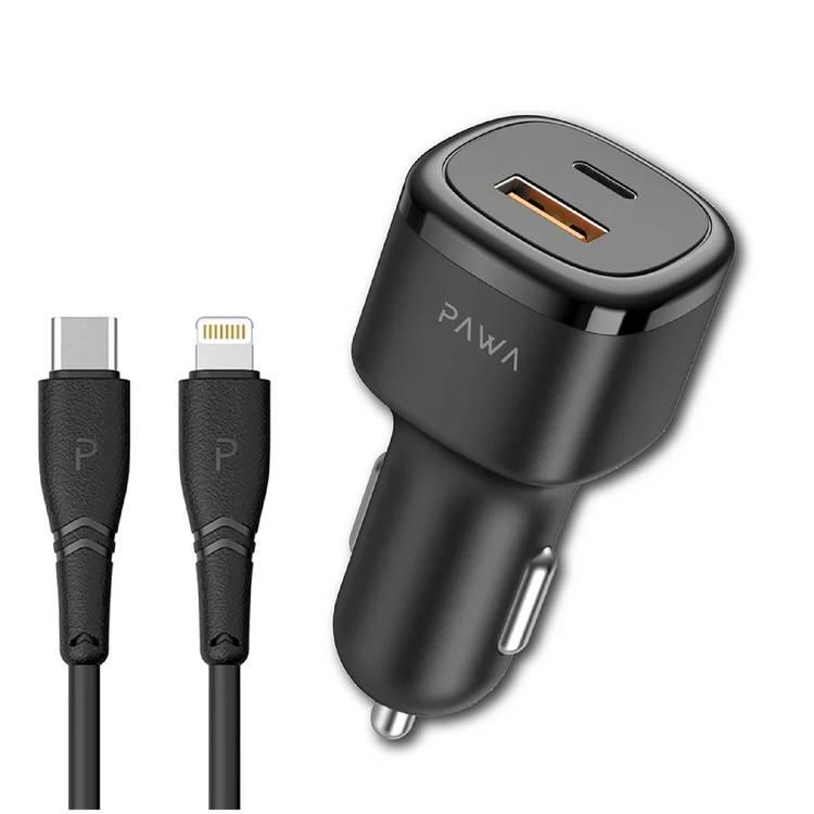 Pawa Solid Car Charger PD 48W +QC with Type-C to Lightning Cable - Black