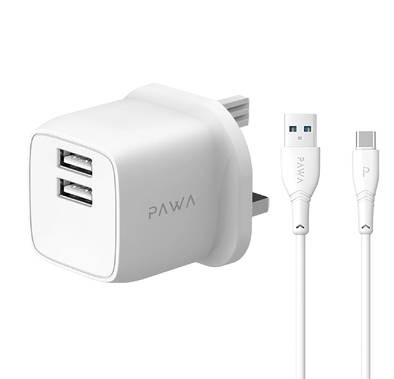 PAWA PocketMini Dual USB Travel Charger UK Standard With USB-A to Type-C Cable - White