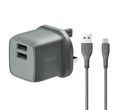 PAWA PocketMini Dual USB Travel Charger UK Standard With USB-A to Type-C Cable - Grey
