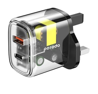 Porodo Dual Output Transparent Quick Charger USB-C PD And USB-A QC With USB-C To USB-C Cable 1.2m UK