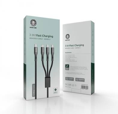 Green Lion 3in1 Fast Charging Braided Cable Series 2 1.2M ( Type-C Input ) - Black