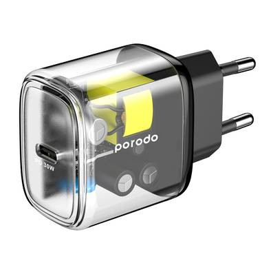 شاحن Porodo السريع الشفاف بقدرة 30 وات، USB-C، توصيل الطاقة بالاتحاد الأوروبي