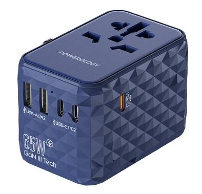 Powerology Universal Multi-Port Gan Travel Adapter 3x Type-C With 2x USB-A Ports 65W PD - Blue